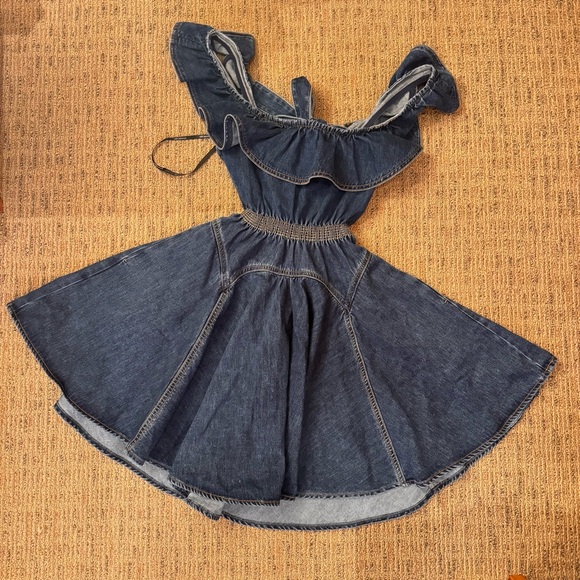 Self-portrait denim ruffle dress mini flirty open back with bow size 4 feminine - Picture 8 of 11